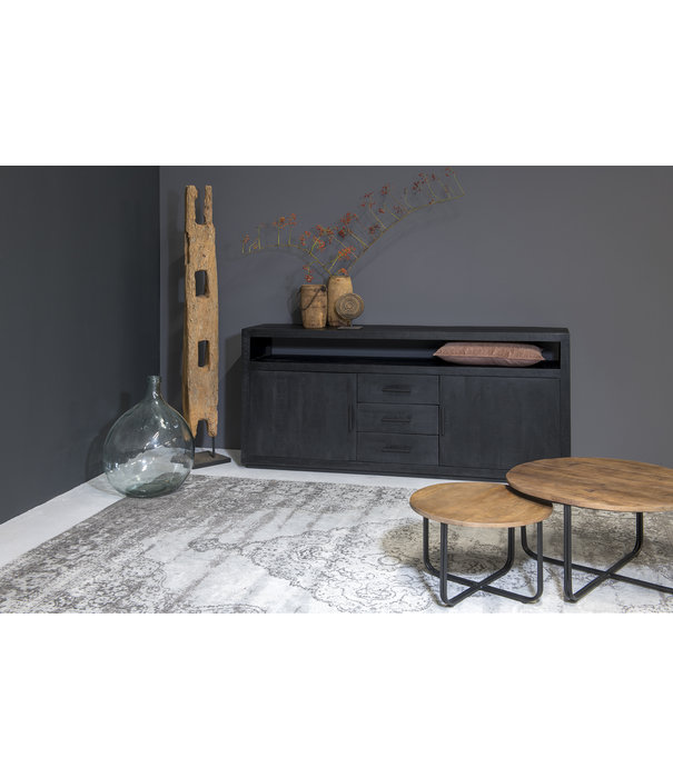 Duverger® Black Omerta - Sideboard - Mango - schwarz - 2 Türen - 3 Schubladen - 1 Nische - Stahlrahmen - schwarz beschichtet