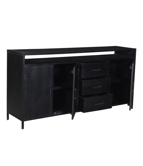 Duverger® Black Omerta - Buffet - mangue - noir - 3 portes - 3 tiroirs - 1 niche - châssis acier - laqué noir