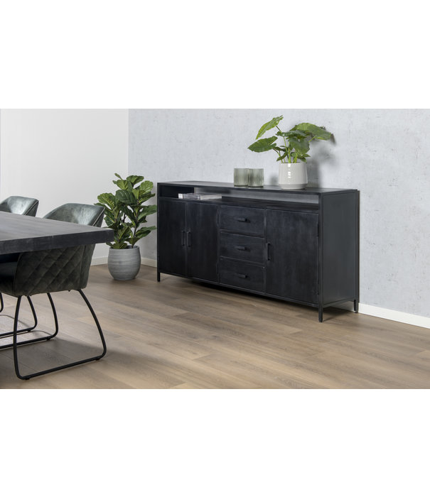 Duverger® Black Omerta - Sideboard - Mango - schwarz - 3 Türen - 3 Schubladen - 1 Nische - Stahlrahmen - schwarz beschichtet