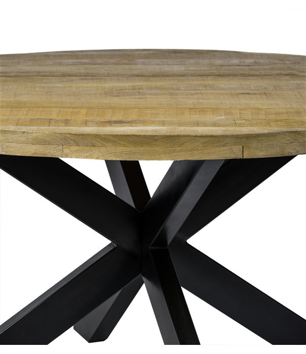 Duverger® Robust - Table de repas - 140cm - bois de manguier naturel - acier laqué noir - araignée - ronde