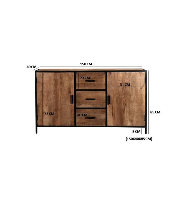 Duverger® Omerta - Buffetschrank - Mangoholz - natur - 4 Türen - 2 Nischen - Stahlrahmen - schwarz beschichtet