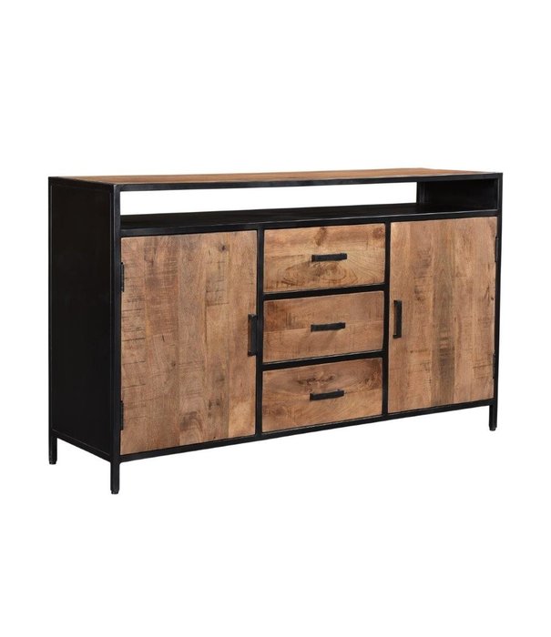 Duverger® Omerta - Sideboard - Mangoholz - natur - 2 Türen - 3 Schubladen - 1 Nische - Stahlrahmen - schwarz beschichtet