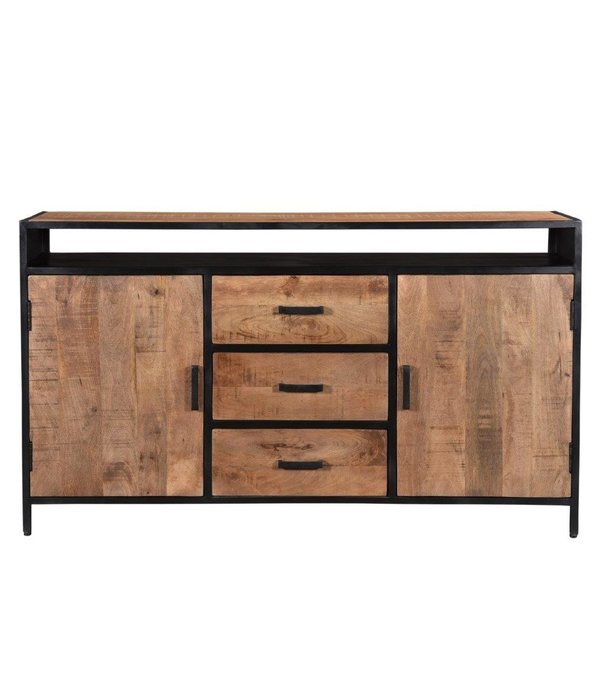 Duverger® Omerta - Buffet - bois de manguier - naturel - 2 portes - 3 tiroirs - 1 niche - châssis acier - laqué noir