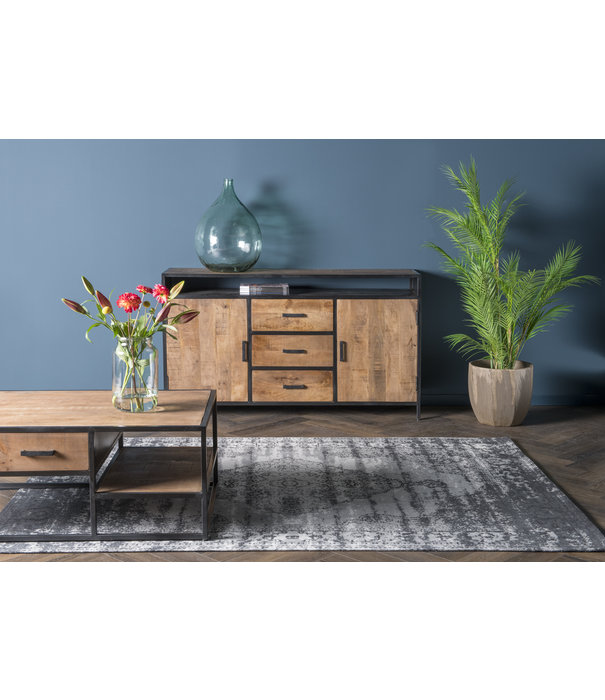 Duverger® Omerta - Sideboard - Mangoholz - natur - 2 Türen - 3 Schubladen - 1 Nische - Stahlrahmen - schwarz beschichtet