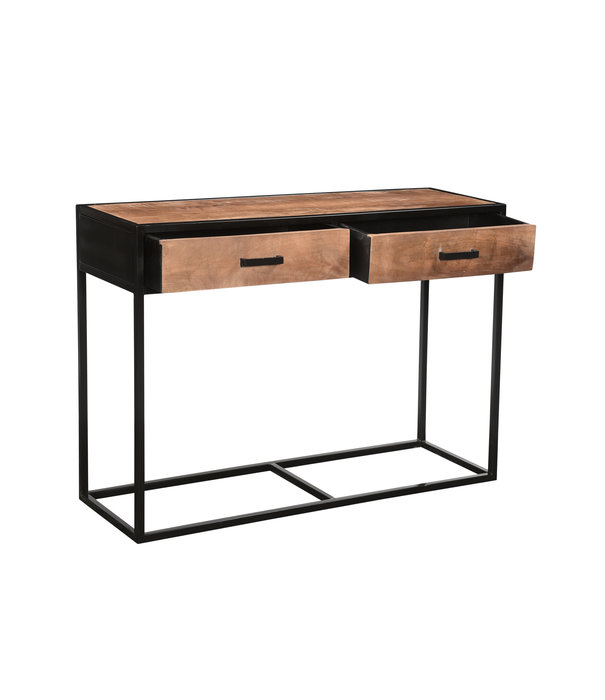 Duverger® Omerta - Table d'appoint - bois de manguier - naturel - 2 tiroirs - châssis en acier - revêtement noir