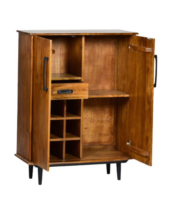 Duverger® Nostalgic Retro - Barschrank - Mangoholz - braun - 2 Türen - Schublade - Flaschenhalter