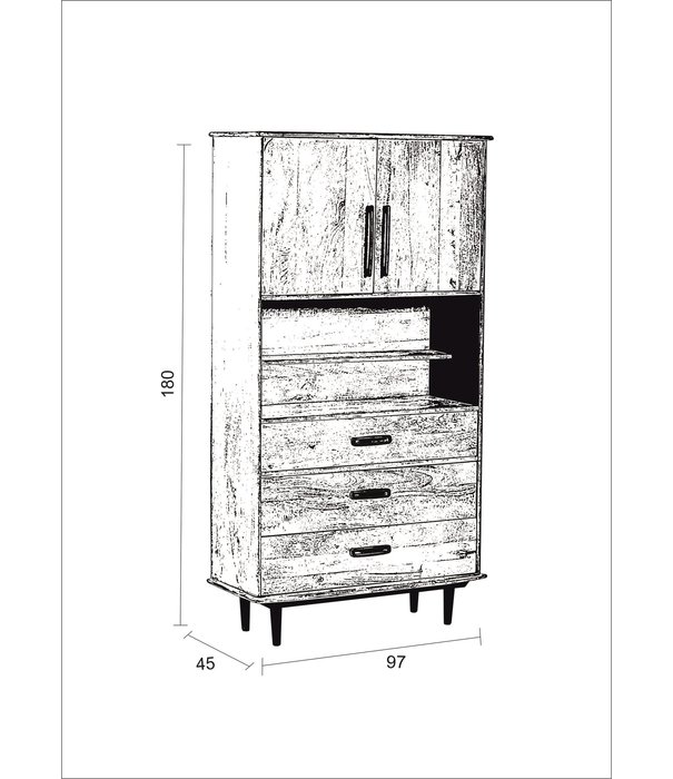 Duverger® Nostalgic Retro - Buffetschrank - Mangoholz - braun - 3 Schubladen - Nische - 2 Türen