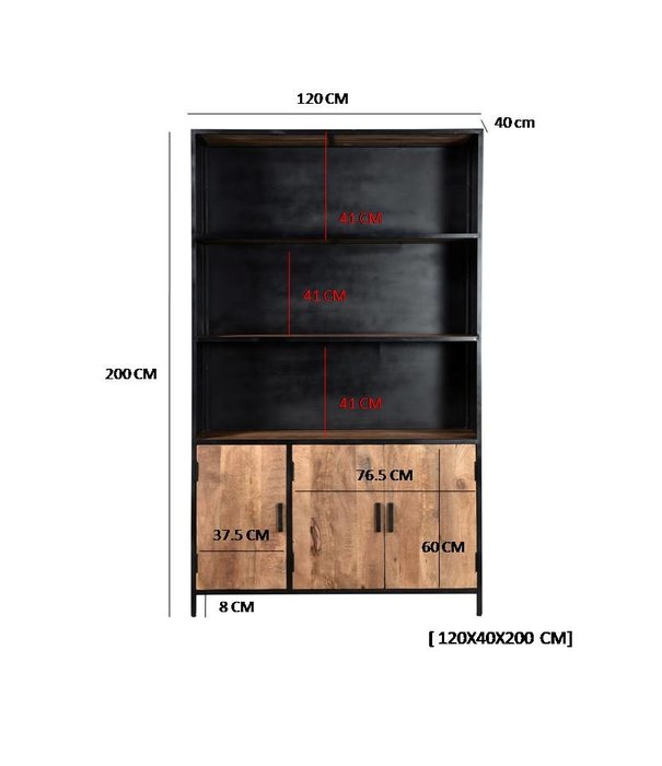 Duverger® Omerta - Bibliothek - Mango - natur - 3 Türen - 3 Einlegeböden - Stahlrahmen - schwarz beschichtet