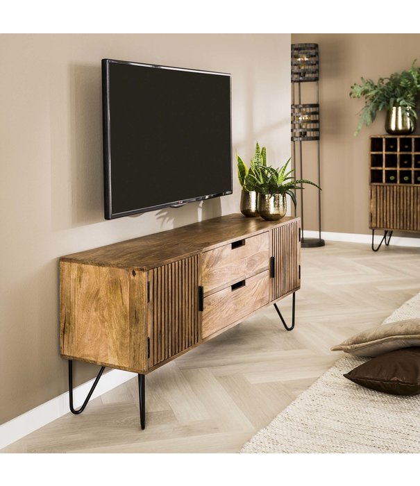 Duverger® Barred - Meuble TV - 2 portes - 2 tiroirs - bois de manguier massif - coloris sable