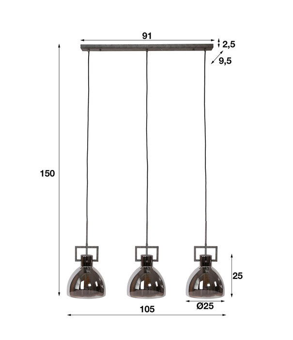 Duverger® Chromed - Lampe suspendue - verre soufflé à la bouche - vieil argent - 3 points lumineux