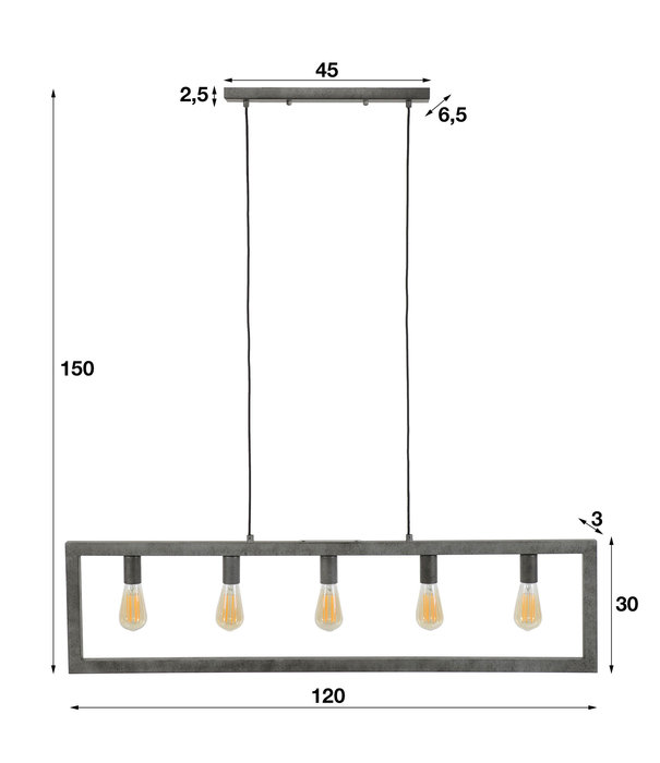 Duverger® Industrial Silver - Hanglamp - metaal - oud zilver - rechthoekig - 5 lichtpunten