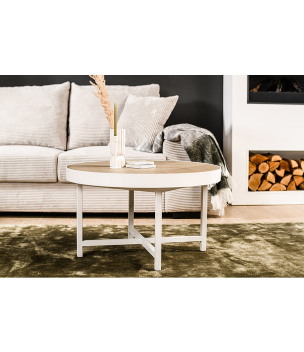 Duverger® Metal white - Table basse - ronde - 74cm - placage chêne - rebord en acier - pieds croisés - blanc