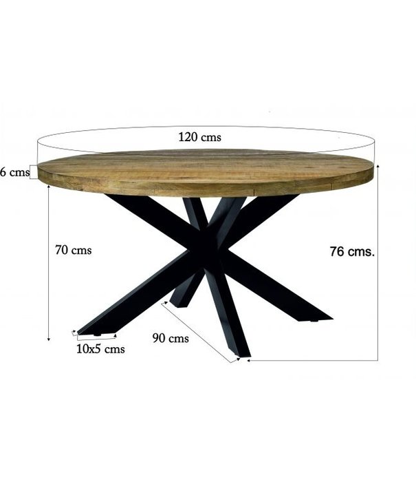 Duverger® Robust - Table de repas - 120cm - bois de manguier naturel - acier laqué noir - araignée - ronde