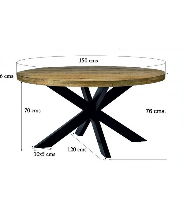 Duverger® Robust - Table de repas - 150cm - bois de manguier naturel - acier laqué noir - araignée - ronde