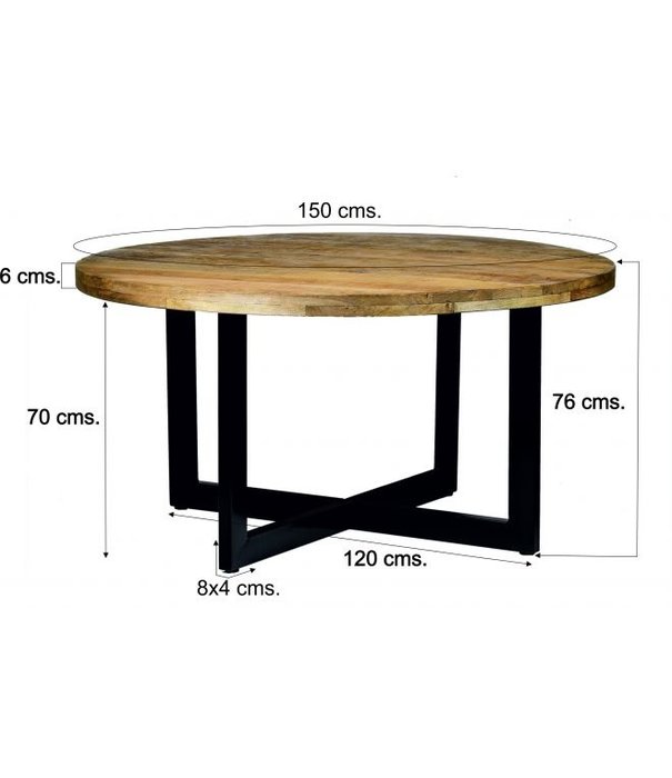 Duverger® Robust - Table de repas - 150cm - bois de manguier naturel - acier laqué noir - pieds en U - rond