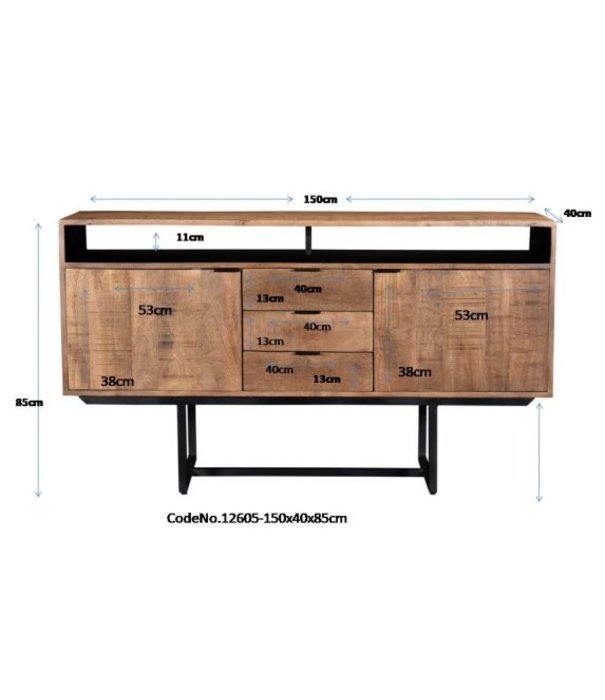 Duverger® Tropical - Buffet - 150cm - 2 portes - 3 tiroirs - 1 niche - bois de manguier - acier