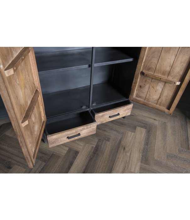 Duverger® Omerta - Buffet - bois de manguier - naturel - 2 portes - 2 tiroirs - châssis acier - laqué noir