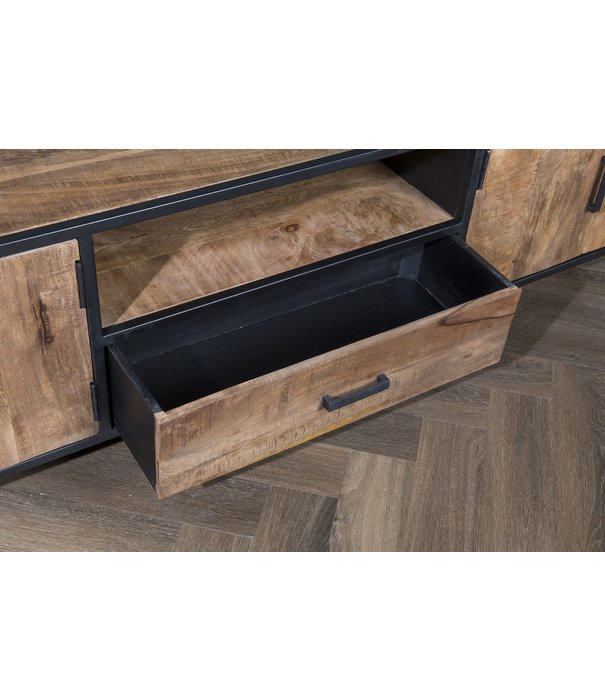 Duverger® Omerta - Meuble TV - bois de manguier - naturel - 4 portes - 1 tiroir - 1 niche - châssis acier - laqué noir