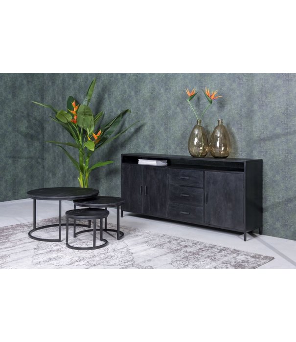 Duverger® Black Omerta - Sideboard - Mango - schwarz - 3 Türen - 3 Schubladen - 1 Nische - Stahlrahmen - schwarz beschichtet