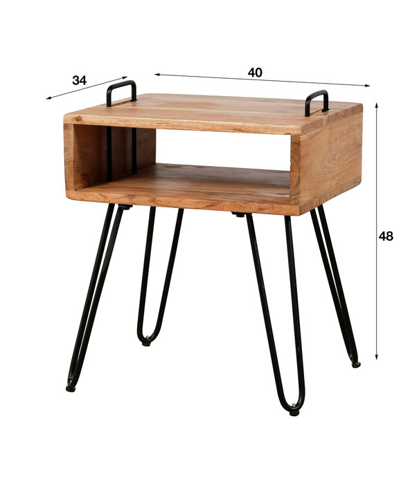 Duverger® Loop - Table de chevet - acacia massif - 1 niche - supports et base en métal