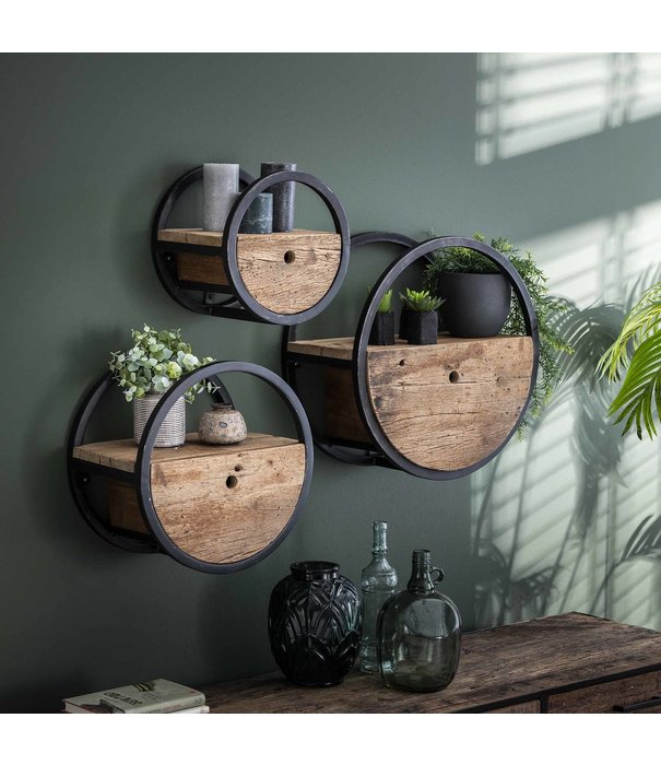 Duverger® Barrel - Etagère murale - Ø50cm - 1 tiroir - bois dur robuste - métal