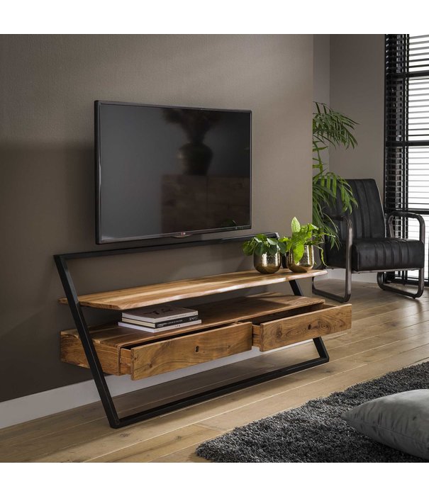 Duverger® Metal frame - TV-meubel - massief acacia - naturel - 2 lades - 1 nis - metalen frame