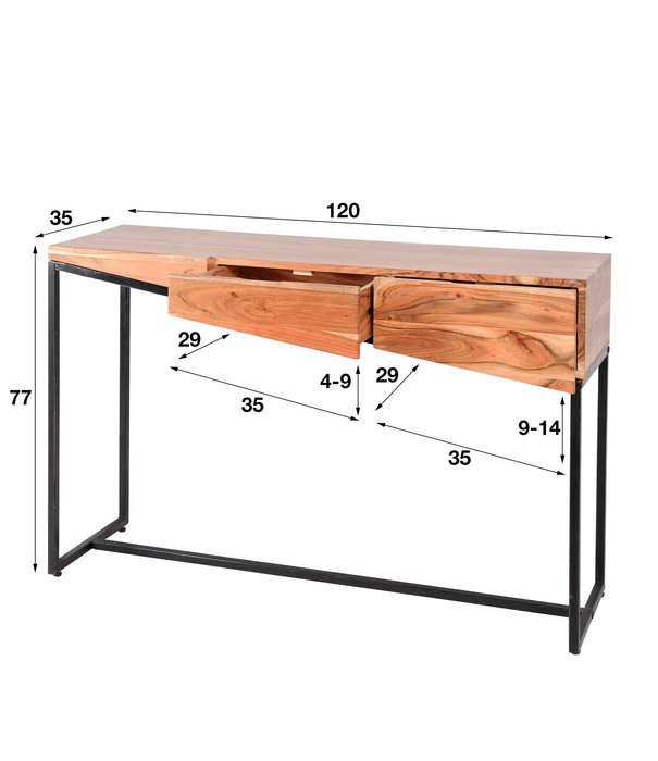 Duverger® Triangle - Sidetable - 2 lades - massief acacia - naturel - zwart metalen frame