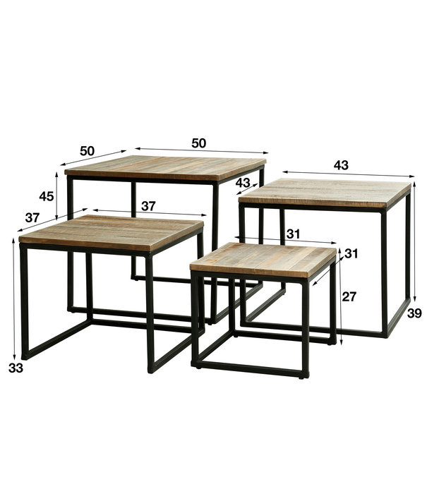 Duverger® Diamond - Salontafel - set van 4 - vierkant - verweerd teakhout - staal