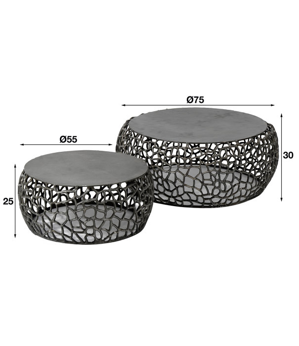 Duverger® Chromy - Salontafel - set van 2 - rond - zwart nikkel - zandgegoten - aluminium
