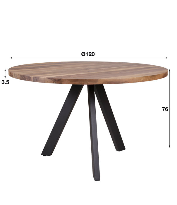 Duverger® Juglans - Table de repas - noyer Saja - ronde - Ø120cm - trépied - acier - gris foncé