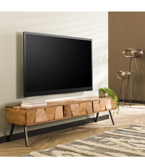 Duverger® Blox - Meuble TV - acacia massif - 3 tiroirs - pieds en acier