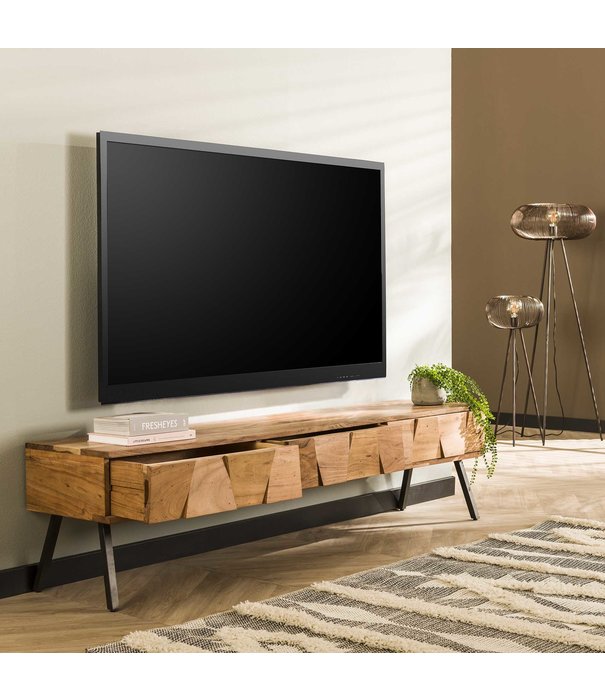Duverger® Blox - Meuble TV - acacia massif - 3 tiroirs - pieds en acier
