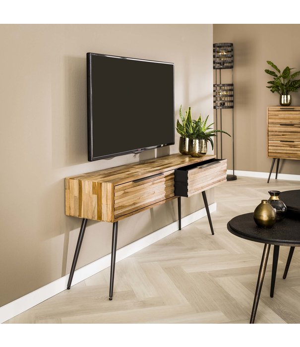 Duverger® Striped Teak - TV-meubel - teakhout - 2 lades - metaal - zwart