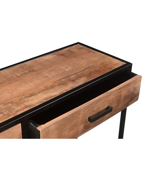 Duverger® Omerta - Table d'appoint - bois de manguier - naturel - 2 tiroirs - châssis en acier - revêtement noir