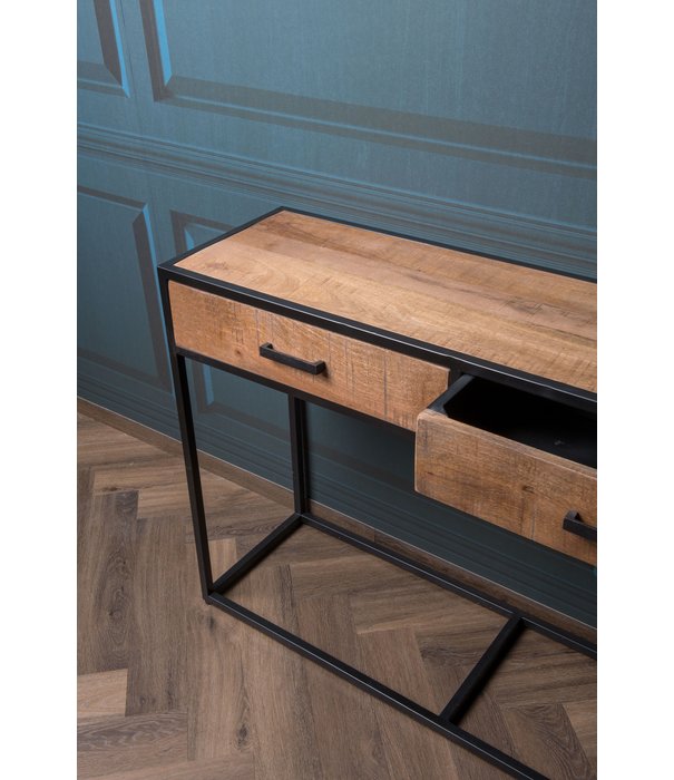 Duverger® Omerta - Sidetable - mangohout - naturel - 2 lades - stalen frame - zwart gecoat