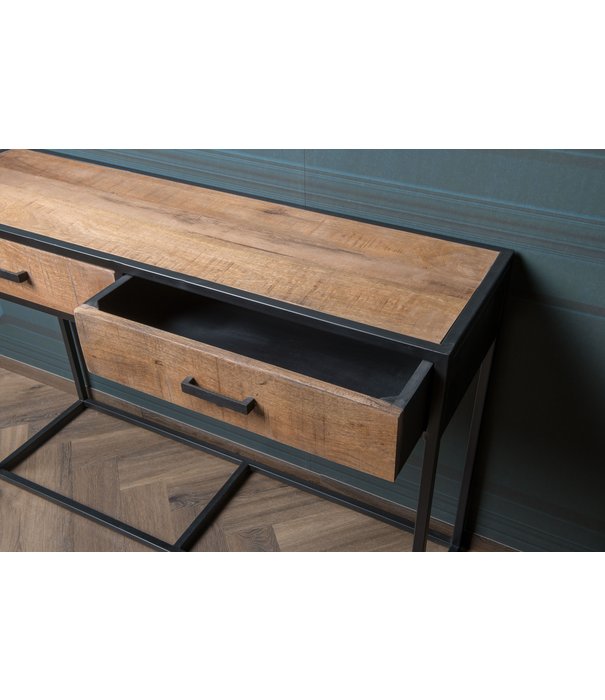 Duverger® Omerta - Table d'appoint - bois de manguier - naturel - 2 tiroirs - châssis en acier - revêtement noir