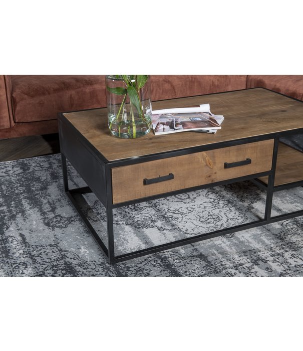 Duverger® Omerta - Salontafel - mangohout - naturel - 2 lades - 1 nis - stalen frame - zwart gecoat