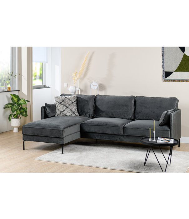 Duverger® Piping - Canapé - canapé 3 places - chaise longue gauche - gris foncé - velours fantaisie - pieds en acier - noir