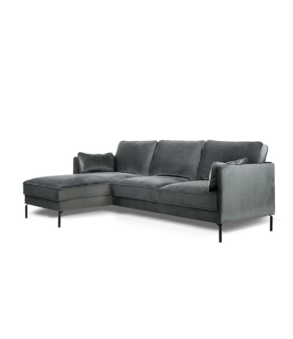 Duverger® Piping - Sofa - 3-zit bank - chaise longue links - donkergrijs - fancy velvet - stalen pootjes - zwart