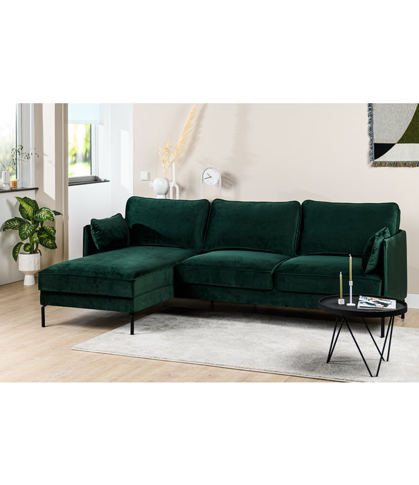 Duverger® Piping - Sofa - 3-Sitzer Sofa - kurze Chaiselongue links - grün - schicker Samt - Stahlbeine - schwarz