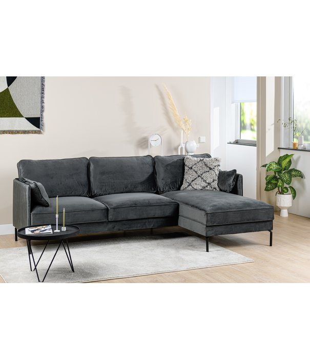 Duverger® Piping - Sofa - 3-Sitzer Sofa - kurze Chaiselongue rechts - dunkelgrau - schicker Samt - Stahlbeine - schwarz