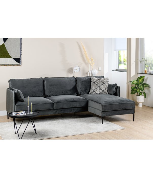 Duverger® Piping - Sofa - 3-zit bank - chaise longue rechts - donkergrijs - fancy velvet - stalen pootjes - zwart