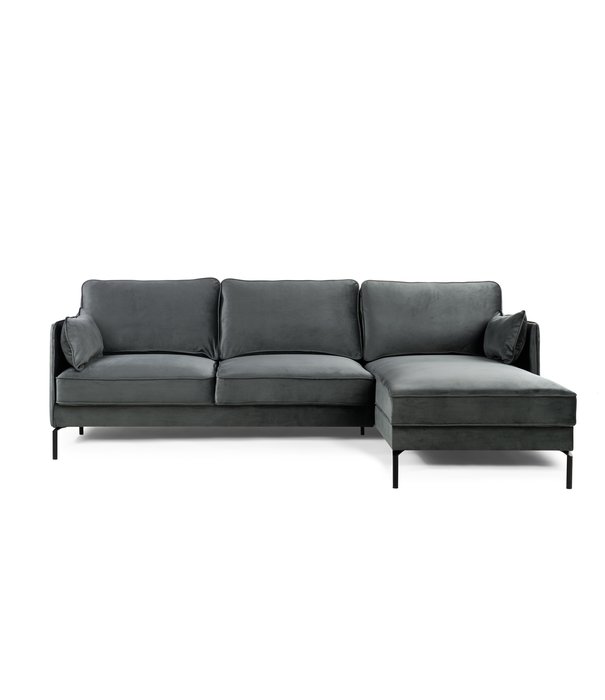 Duverger® Piping - Canapé - canapé 3 places - chaise longue droite - gris foncé - velours fantaisie - pieds en acier - noir