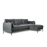 Piping - Sofa - 3-zit bank - chaise longue rechts - donkergrijs - fancy velvet - stalen pootjes - zwart