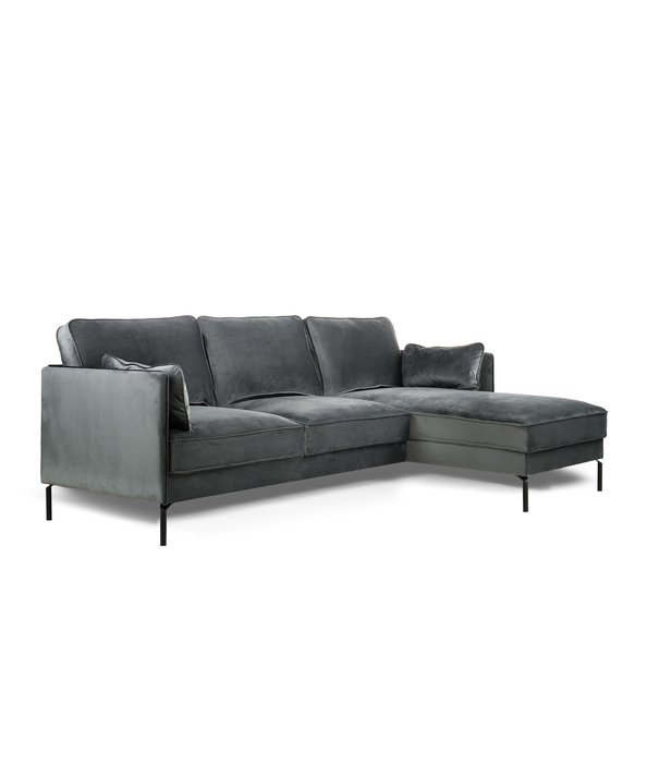 Duverger® Piping - Canapé - canapé 3 places - chaise longue droite - gris foncé - velours fantaisie - pieds en acier - noir