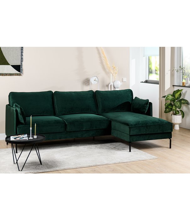 Duverger® Piping - Sofa - 3-zit bank - chaise longue rechts - groen - fancy velvet - stalen pootjes - zwart
