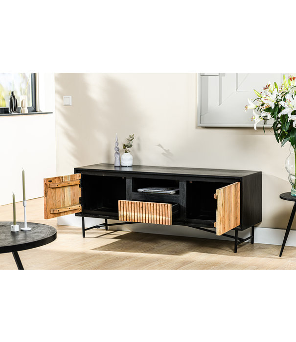 Duverger® Viking - Meuble TV - 140cm - acacia - naturel - 2 portes - 1 tiroir - 1 niche - acier - noir