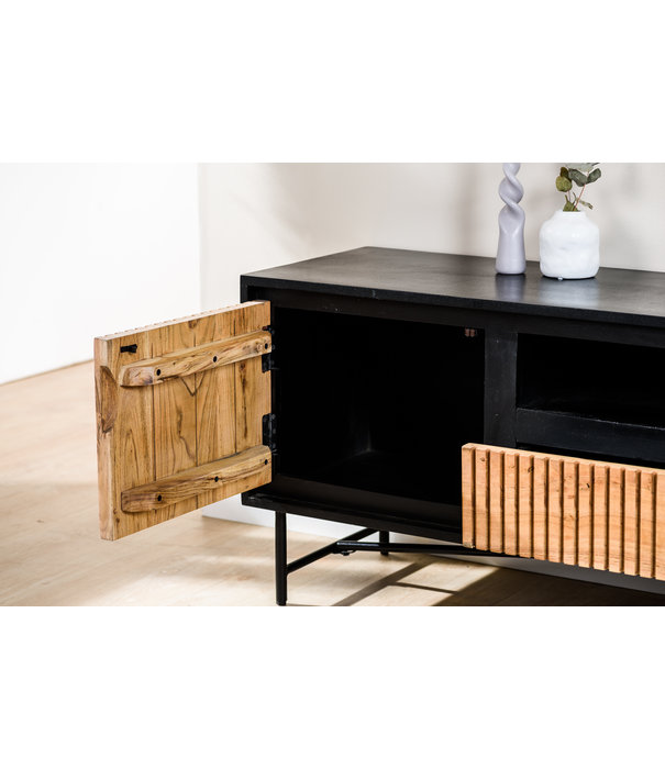 Duverger® Viking - Meuble TV - 140cm - acacia - naturel - 2 portes - 1 tiroir - 1 niche - acier - noir