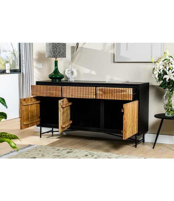 Duverger® Viking - Buffet - acacia - naturel - 3 portes - 3 tiroirs - acier - noir