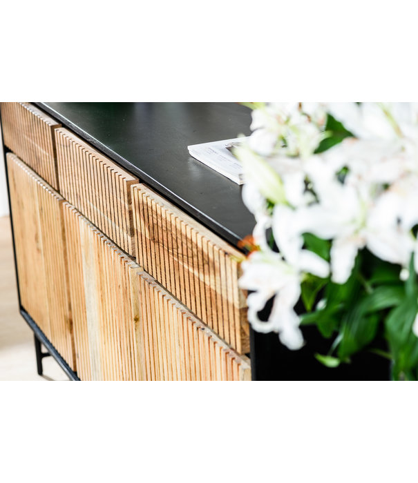 Duverger® Viking - Buffet - acacia - naturel - 3 portes - 3 tiroirs - acier - noir